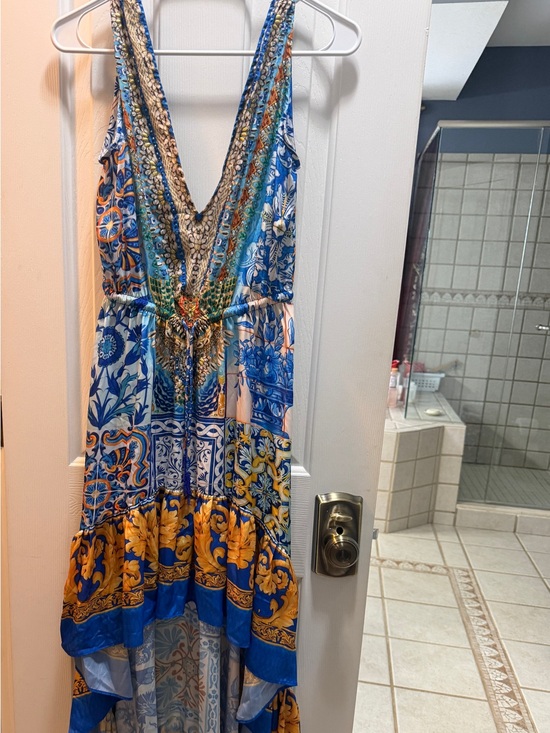 Shahida Parides Dresses & Skirts - V-Neck Blue and Gold High-Low Maxi Dress